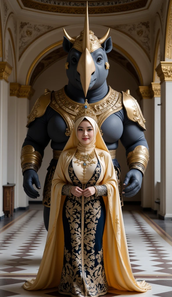 A Muslim woman who is extremely elegant and intelligent, who is also a warrior
On her armor put letters AZ and use golden and glassy white colors, the character is anonymous so use a golden mask on her armor and hide her face completely, use a white palace on the background