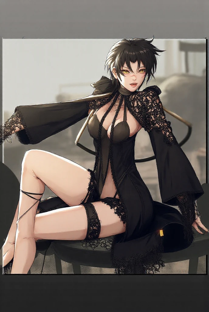 High resolution,high resolution,Girl,Black Hair,Short Hair,Purple Eyes,Slanted Eyes,Bad mood,boyish,slender,Toned body,China dress,fur,smoke tube,Moonlit Night,Luxurious chair,Chignon