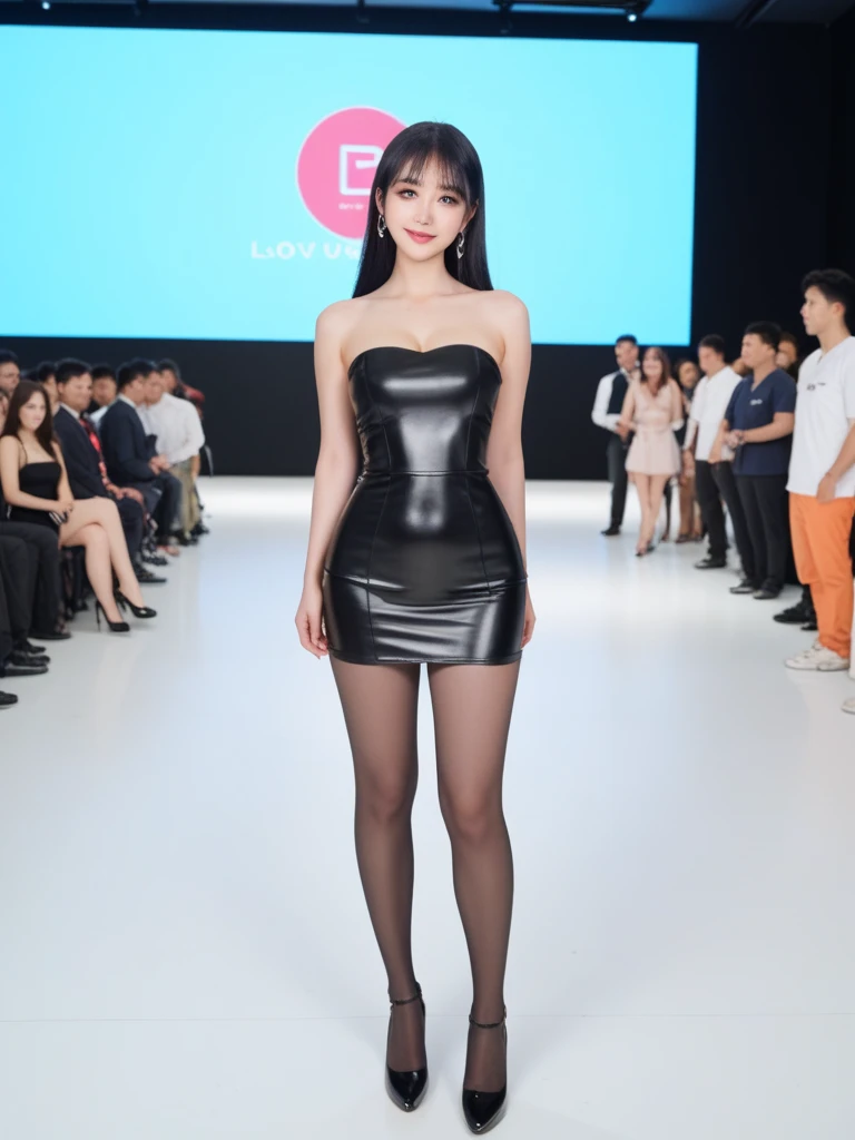 (best quality),[masterpiece],((beautiful:0.75) cute girl:0.75),[clear and clean] pixiv (illustration),1girl,above knees,standing, catwalk \(modeling\),stage lights,    <lora:Glitter bead dress11:0.75>
