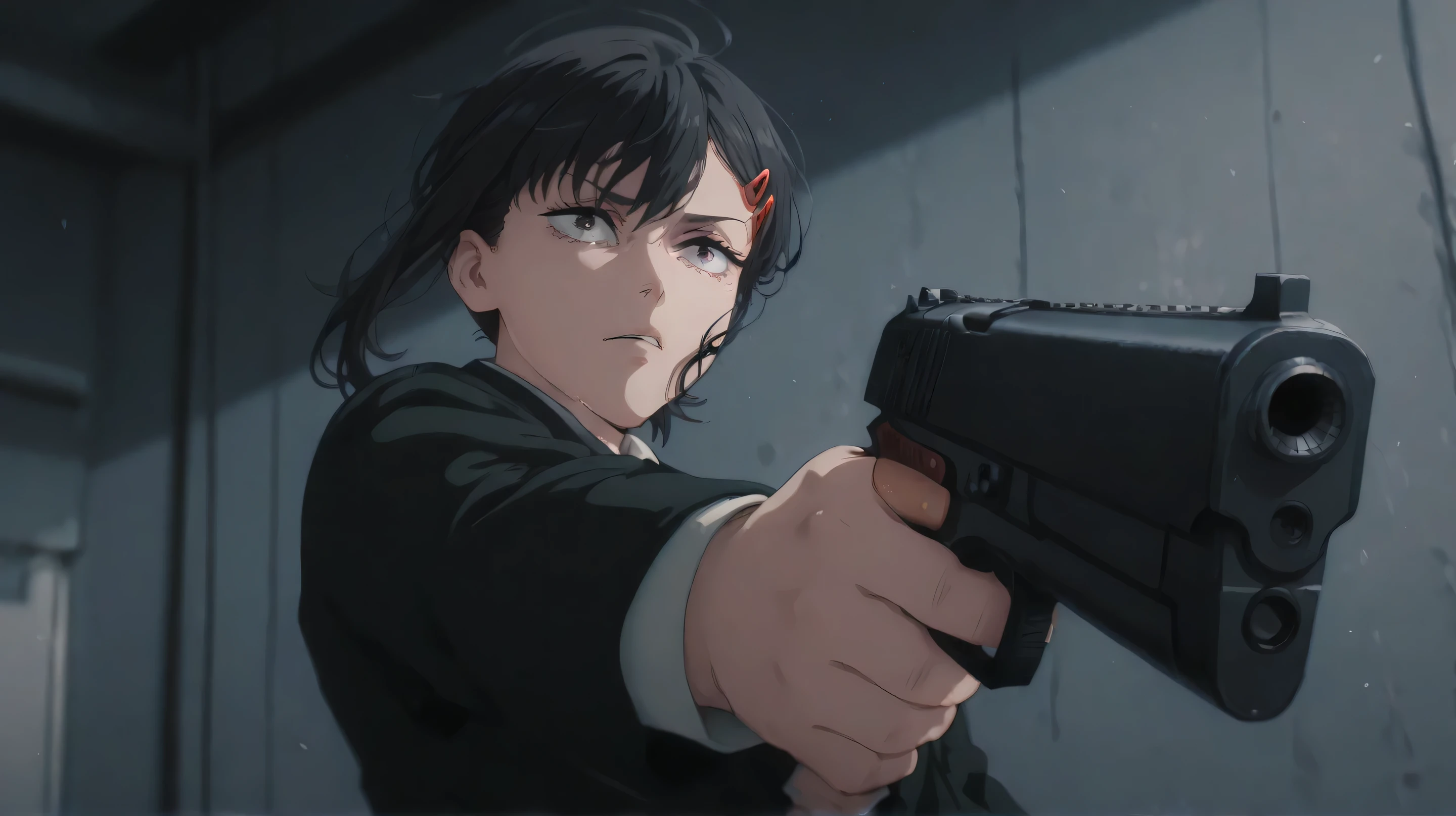 kobeni chainsawman, looking confident, looking calm, black suit, holding a gun, dynamic pose, dynamic angle, masterpiece, circular movement