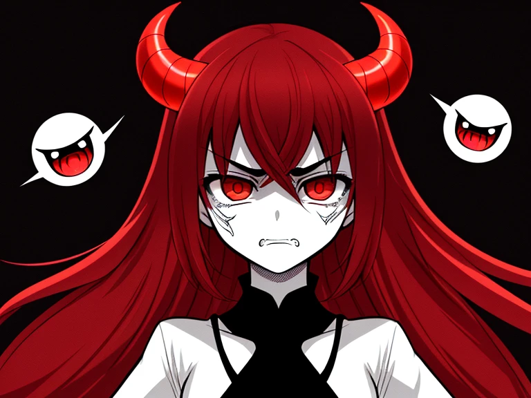 Girl with red hair red eyes red horns with a pink hair blue eyes hugging beaten and small crying