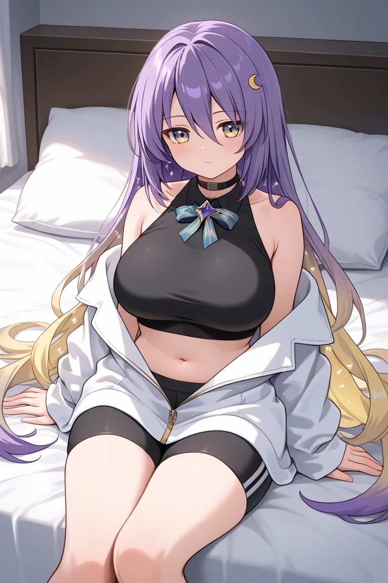 Wolf Girl, Large Breasts, Voluminous purple hair, masterpiece , Red eyes, hd, Thick thighs, Head to Chest, buried in my chest、Double teeth、tooth、Sleeveless sweater、Chubby、Grinning、mini skirt、On the bed