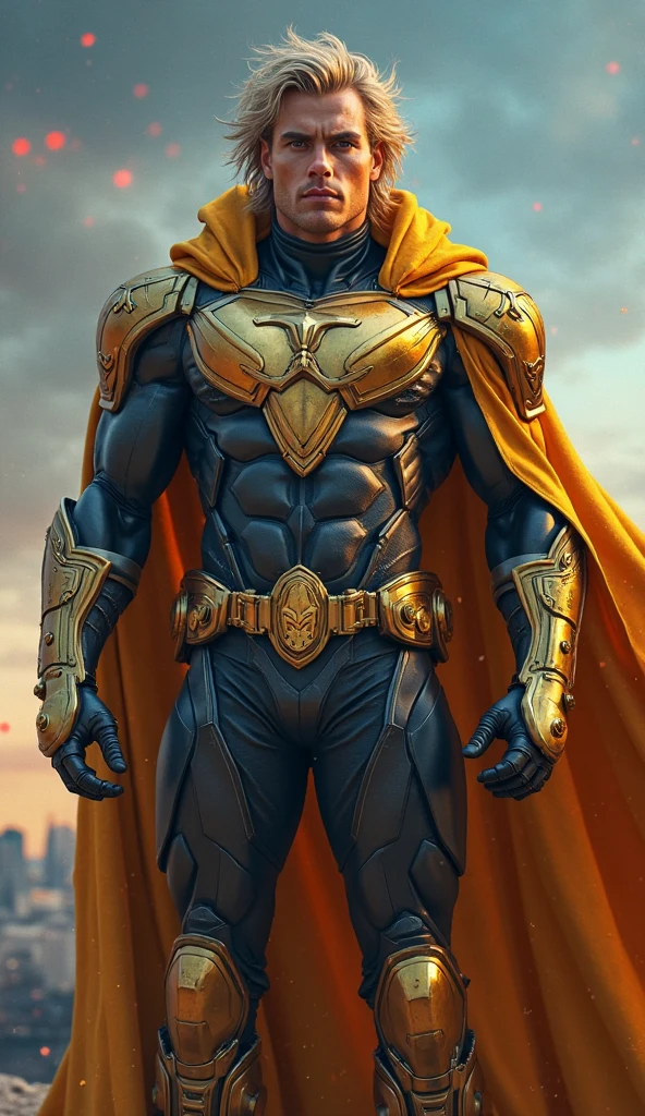 Character Name:* nexus

*Appearance:*
- *Age:* 18
- *Height:* 5'8"
- *Build:* Athletic but lean, with a slightly muscular physique.
- *Skin Tone:* Light tan with a subtle golden glow.
- *Hair:* Short, spiky, and golden-yellow, resembling rays of the sun. Slightly luminescent.
- *Eyes:* Bright blue with a shimmering effect, like looking at the sky on a clear day.

*Outfit:*
- *Suit:* A sleek, form-fitting bodysuit that is predominantly white with golden accents. The suit is made of a flexible, high-tech material that can withstand extreme temperatures.
 - *Torso:* Golden sun emblem on the chest, radiating outwards with subtle energy patterns.
 - *Arms and Legs:* White with golden stripes running down the sides, connecting to the emblem on the chest.
 - *Gloves and Boots:* Golden, with small, sunburst designs around the wrists and ankles.
- *Cape:* Short, golden cape that shimmers and flows as if made of sunlight. It is attached at the shoulders with sun-shaped clasps.
- *Accessories:* 
 - *Belt:* Golden utility belt with small pouches and gadgets.
 - *Gauntlets:* Advanced tech gauntlets that can generate solar energy blasts.
 - *Visor:* Golden visor with a HUD (Heads-Up Display) for tactical information.

*Pose:*
- Standing confidently with one foot slightly forward.
- One hand on his hip, the other hand raised with a small orb of glowing solar energy hovering above his palm.
- Cape billowing slightly as if caught in a gentle breeze.
- Facial expression is determined yet approachable, with a slight smile.

*Background:*
- A vibrant, futuristic cityscape during the day, with a clear blue sky and the sun shining brightly in the background. Solar panels and clean energy structures hint at the technological advancements in the world Solaris protects.
