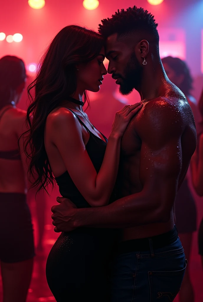 Homme bronzé aux cheveux brun foncé, yeux noirs, barbe bien taillée, nez droit. L’homme est ténébreux. Son physique est fort, Il doit être grand. Dans le scénario, il est en train de danser avec une femme plus petite que lui, brune. Elle a une robe en noir en satin avec des talons aiguilles. L’environnement est une boîte de nuit avec des néons rouges.