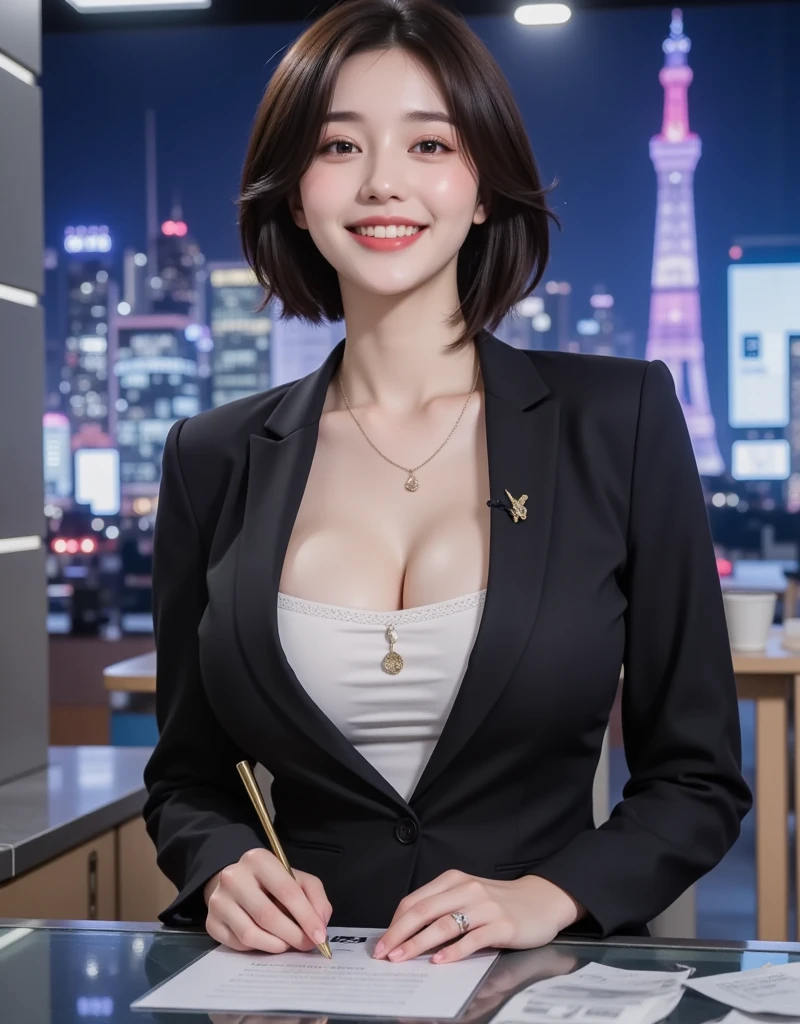 Sexy beautiful announcer、(Solo, 50 years old、hyperdetailed face、Detailed lips、A detailed eye、二重まぶた、Brunette Bob Hair, Light Blue Blazer、White dress shirts、Tight micro mini skirt)、Hold a microphone in the city to convey the news、(Glamorous body)、(Colossal tits)、cleavage of the breast、perfect hand, Perfect fingers, perfect chest, Perfect fit, perfect bodies, face perfect, Perfect image realism, 细致背景, detailed costume, Perfect litthing、Hyper-Realism、Photorealsitic、8K maximum resolution, (masterpiece), ighly detailed, Professional