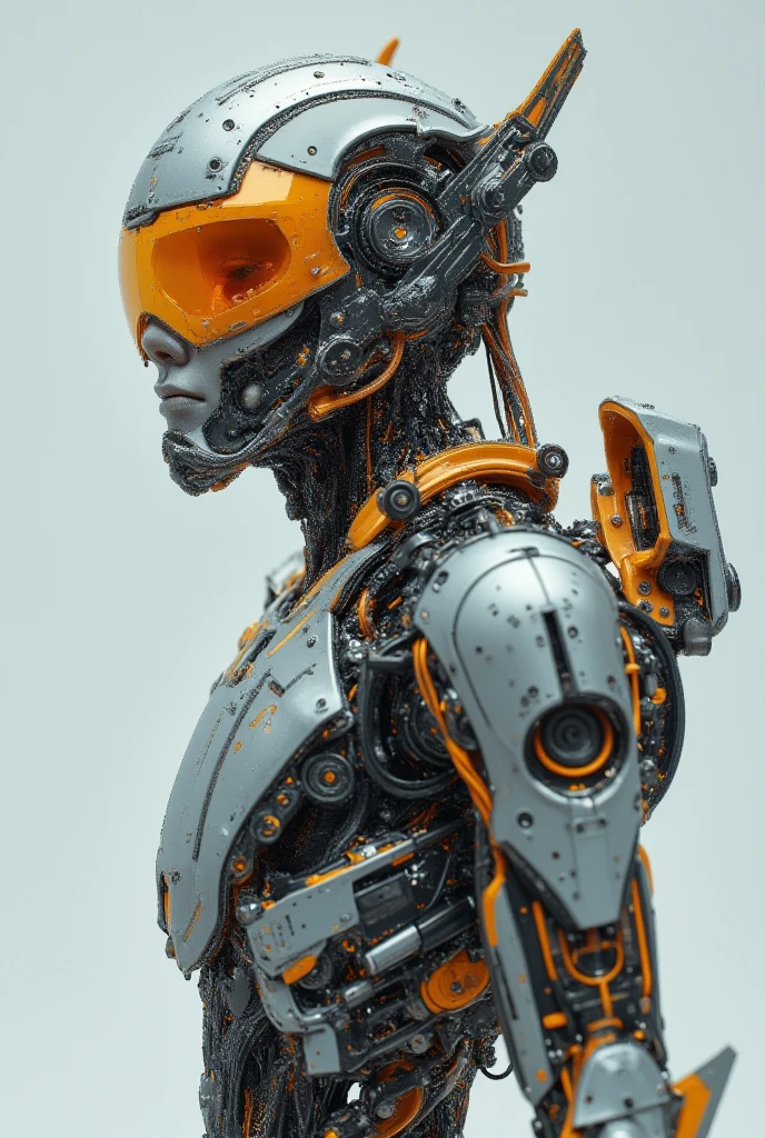  Generate a detailed humanoid male cyborg hybrid ,  this message creates a captivating representation of a detailed human cyborg hybrid ,  that shows the smooth fusion of organic elements , mechanics and cybernetics .  The cyborg fighter class must possess advanced technology ,  seamlessly integrated with its biological characteristics ,  resulting in a formidable and visually impressive being that captures the imagination.  It balances the natural world and cutting-edge technology in this unique design ,  