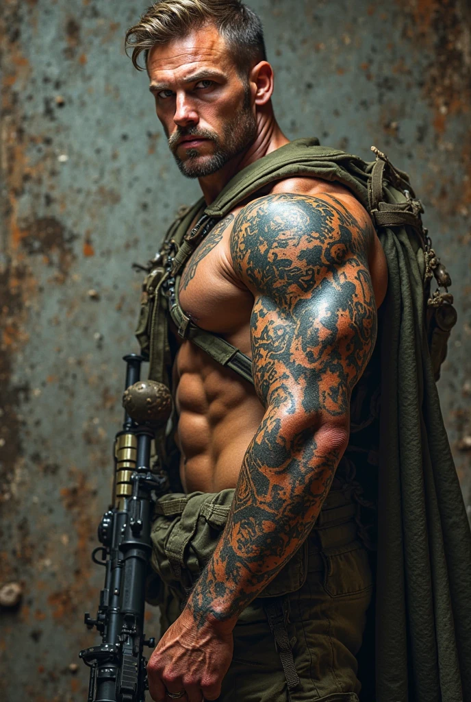 A bare-chested soldier with a body covered in tattoos carries a on his back