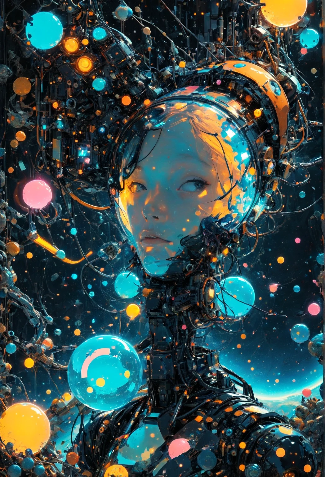 Captivating masterpiece by artist Cepriu with neon gel. The scene captures a beautiful elf in front of the viewer emerging from the chaotic, swirling neon gel patterns of a lake. The elf's silhouette is a captivating fusion of vivid colors and fractal shapes, her body composed of countless tiny particles of stardust that create intricate patterns. Its glowing bioluminescent skin displays a kaleidoscope of luminous blues, greens, yellows, reds and purples, reflecting the dynamic nature of the simulation. Her bright fluorescent rainbow hair, a swirling mass of lines, connects with the surrounding atmosphere and adds to the chaotic beauty of the scene. All around him are little sprites of light and energy, and sound waves that trigger greater transformations in 3D rendering, illustration, typography, painting, photography and conceptual art.