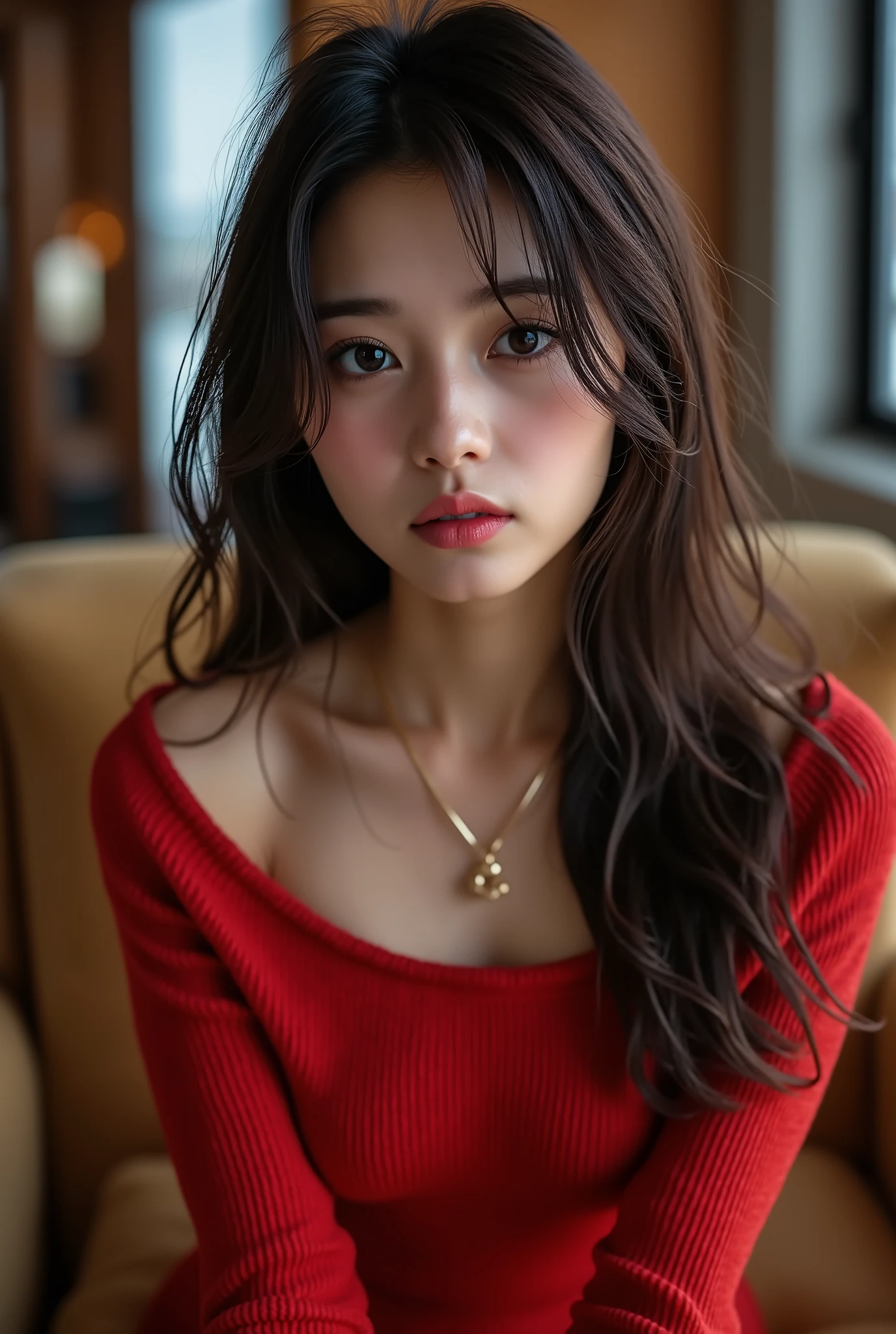 ((with text written on them)), ((Photorealistic:1.5)), (NSFW), Top quality, masterpiece, Ultra high resolution, realistic, absurd, ((very sexy pose)), ((black tight knit dress with off-shoulder and short length)), (1 person), ((very sexy and seductive pose:1.5)), ((brown straight, beautiful long hair)), (((An off-the-shoulder, short-length red knit dress with long sleeves from hand to elbow that looks wide open at the chest with the upper arms out:1.8))), (((Off-the-shoulder short red knit dress:1.5))), ((off-shoulder, red knit dress that shows the shoulders, chest, and upper arms:1.4)), (((Tight red knit dress that fits the body:1.3))), ((A very tight red knit dress that fits the body and shows the body line)), ((汗ばんだかなりBig cleavage is visible)), ((Big cleavage is visible:1.5)), ((you can see the tips of your nipples with no bra)), (nice and beautiful gold necklace), Very sexy, slightly open, moisturized lips, Cinematic lighting, (very real skin), (Highly detailed, realistic eyes:1.9), (Very beautiful long, realistic eyelashes), (Highly detailed, realistic eyebrows), (Round brown eyes :1.8), (Beautiful catchlights in the eyes), (Realistic lips with moisture ), (White realistic teeth lined up nicely), ( Beautiful and Detailed Face :1.6),((Slender and very stylish)), (Beautiful round and shaped bust), (Tight, thin waist), Beautiful Face, (sitting on a luxurious sofa:1.5), (Standing:1.2), (Slightly leaning forward: 1.3), (Slightly from above:1.2), (Closeup:1.4), realistic, tight off-white long knit dress with sleeves, ((Luxurious living room in an upscale lounge)), Sweaty, Beautiful, Realistic Skin, blurry background, Accurate Hand Shape, Accurate hand finger shape , 5 fingers on one hand , (Color temperature 5000K)