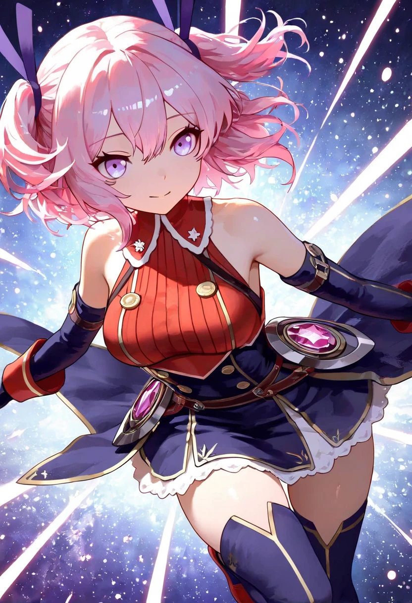 (Perfect body),Best Quality,(8K Portrait),(Official art)、NSFW、(((((Lori)))))、((((Wavy mouth))))、V-shaped eyebrows、(((blush))),(((((flat chest)))))、small tits、((Big ass))、((Pink hair),((Short hair))、waved hair、(Orange Eyes)、((((thick thighs))))、(((((white leotard)))))、(((pink ruffle skirt)))、(Armpits)、(((((Short stature)))))、(((Jumping)))、(((Light blue striped panties)))、Cowboy Shot、cosmic space