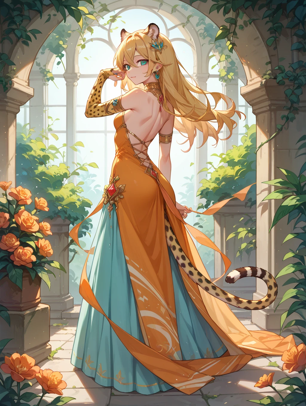 masterpiece, best quality, <lora:bastemon-nvwls-v1-000009:0.9> bastemon, dark skin, cat ears, braided ponytail, circlet, earring, leopard print sleeves, claws, (yellow sundress:1.4), from behind, garden, sky, clouds, :3, happy