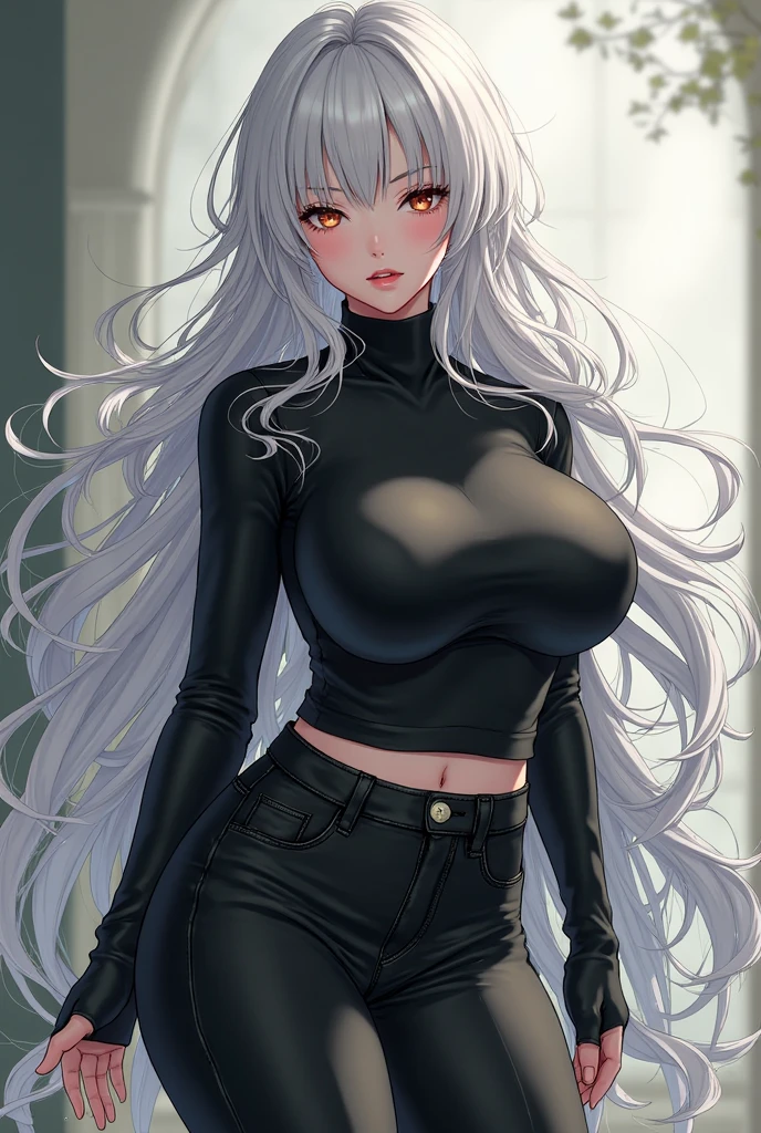 1girl, masterpiece, best quality, ultra-detailed, beautiful detailed, (((extremely detailed face))), white hair, (((long hair))), (wavy curly hair),, (((black shirt))), ((huge breasts)), showing cleavage, ((street)), (looking at viewer),, (huge chest), 