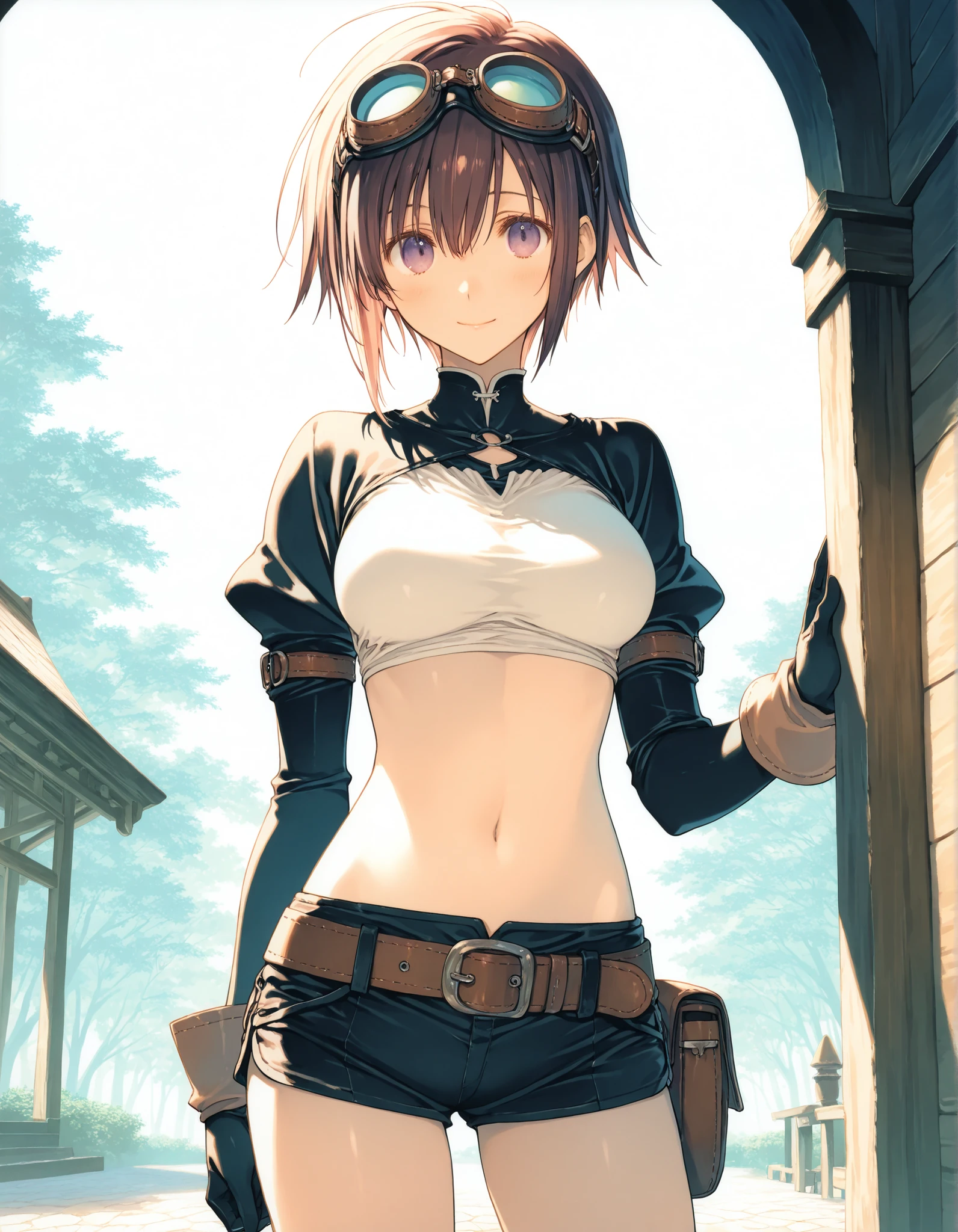 Centaur、Upper Body、Flat Chest、black leather bra、belly button、belt、Short Hair、Delicate face、Ultra HD、Masterpiece、forest、walk