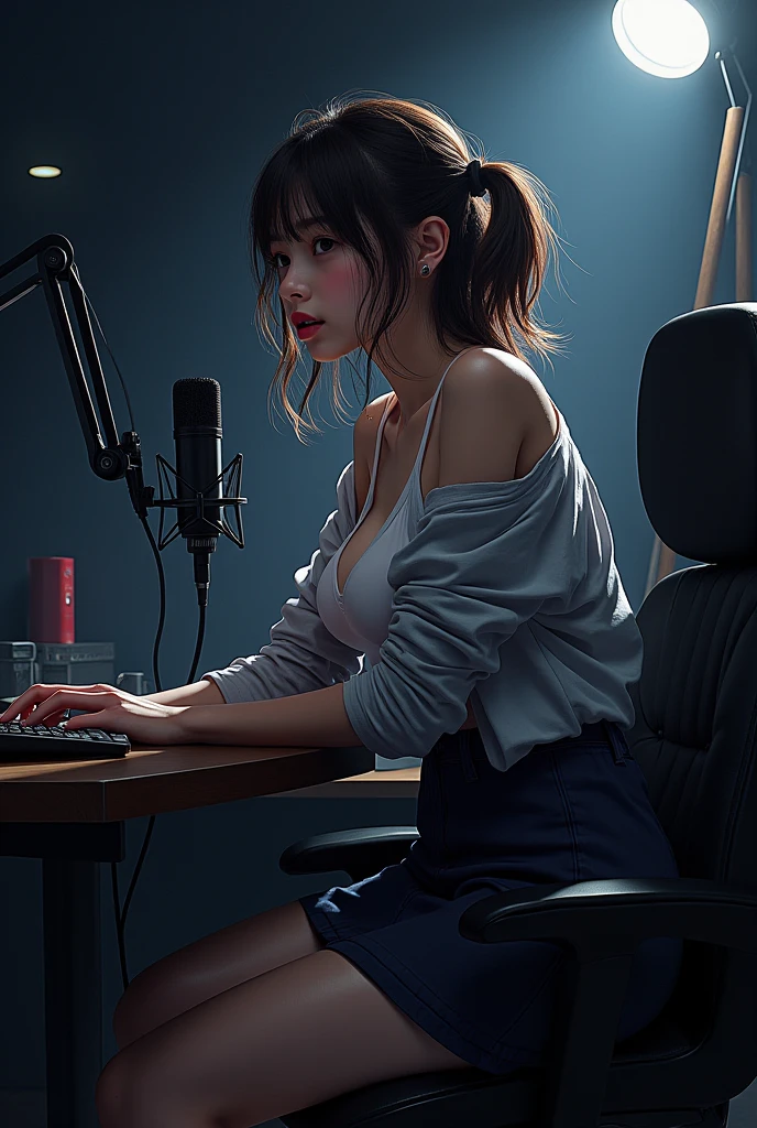 Best Quality, masutepiece, (Photorealistic:2), Ultra High Resolution, Highly detailed, A hyper-realistic, 1girl in, ((head phone)), (Longer dresloral pattern, colourfull_hair、(((very_Short_hair))), Short hair, Slim body, Full Shot, Looking at Viewer, ((Music Studio)), Bright atmosphere, spot light, Detailed background,Best Quality, (Photorealistic:1.2), Hyper-Resolution, Three Women,long brown hair,long legged,Ultra-realistic 8K CG,face perfect,flawless perfection,dressing gown、desk work、work with keyboard、Colossal tits,Huge breasts,drooping chest,long legged,slim,being thin,Lower the position of the chest,swollen breasts,crisp breasts while breastfeeding,lactation,small breasts with rounded upturn,Gaming PC,game company、Neon Room、Put on headphones、teats、game desk、sitting on