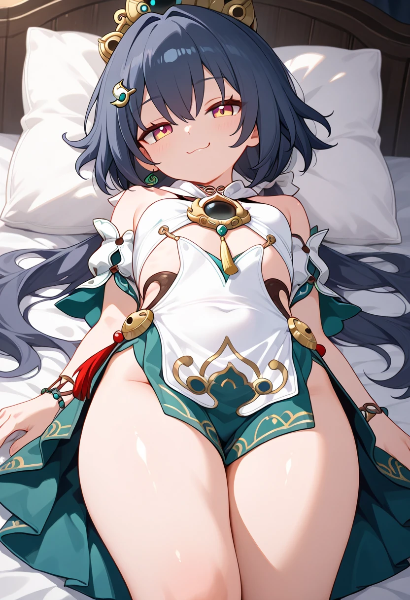 1girl, alone, (masterpiece), best quality, expressive eyes, perfect face, looking at viewer, Lying on your stomach, full body, (big breasts ,nice curves), Kanna Kamui, showing pussy, rear view from bottom to top highlighting the buttocks