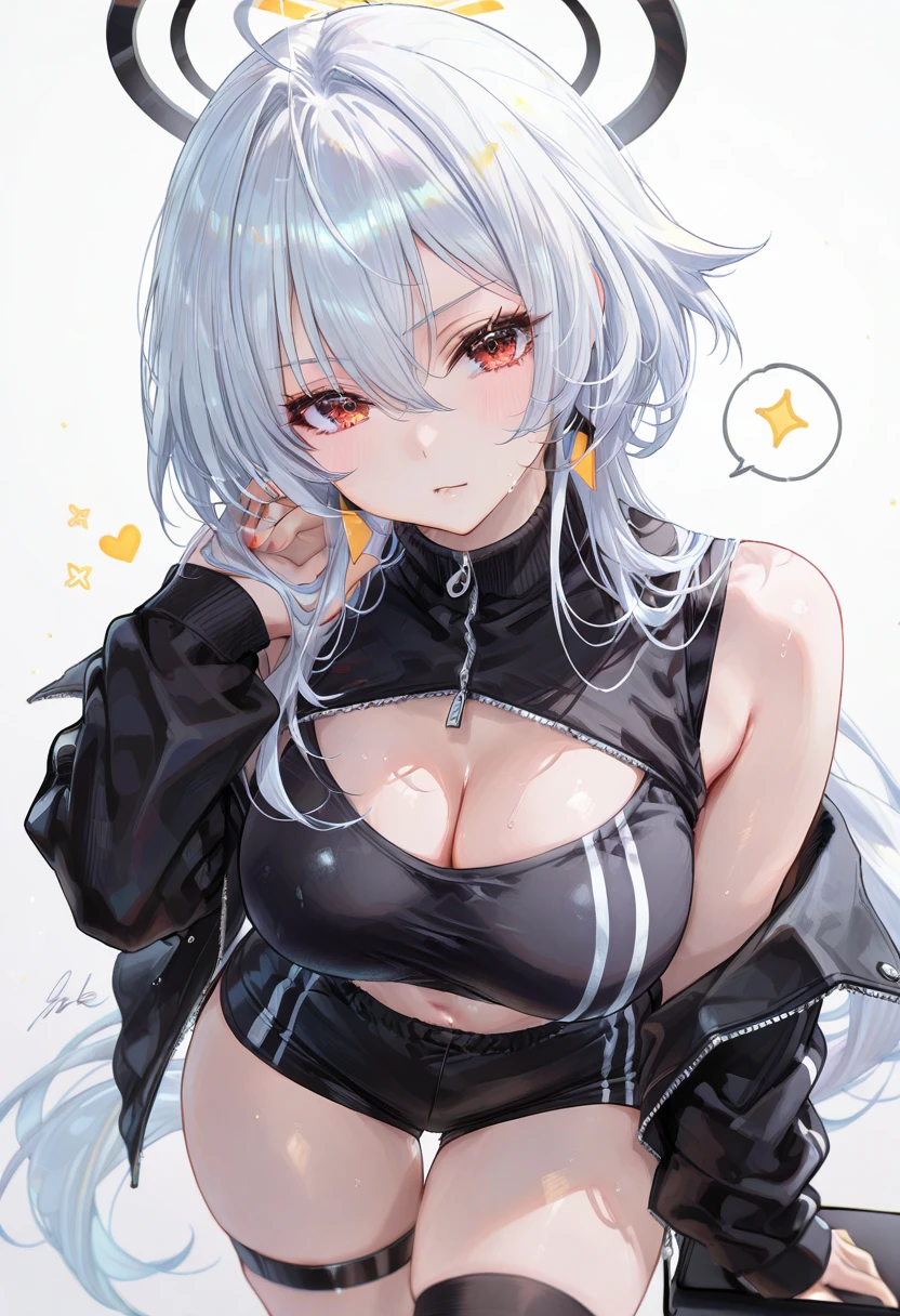 score_9,score_8,score_7,score_8_up,score_7_up、a cartoon girl with big bunny ears wearing swimwear giving the peace sign, 1girl, breasts, blue eyes, solo, animal ears, navel, v, large breasts, eyewear on head, ponytail, grey hair, jacket,Miyu