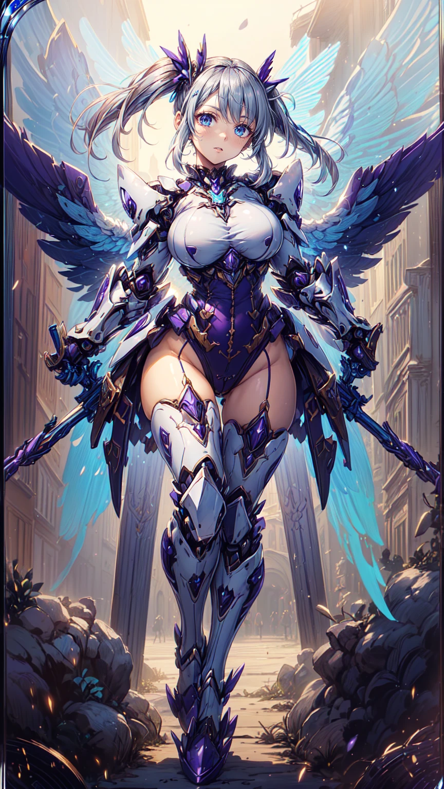 (masterpiece、highest quality, wonderful, very detailedティッカーユニティ、8k wallpaper, Depth of written boundary, Ultra-fine illustration:1.5)、。.。.3D, very detailed, (Full body Esbian、mecha princess girl:1.3), sci-fi battlefield, Hawken, smile, open your mouth、short ponytail hair, (dark purple hair, dark purple eyes:1.2), sparkling eyes, cute顔, cute, big breasts, delicate hair, messy hair, (((Flying high in the sky))、blue sky, White cloud), shiny hair, shiny skin, (Symmetrical mechanical winetallic colored mechanical wings that are widely expanded to the left and right so that they protrude wonderfully from the screen, bite, white hair ornament), (particles of light, cinematic lighting: 1.3), (pale pink lips: 0.8), by Yusuke Murata.
