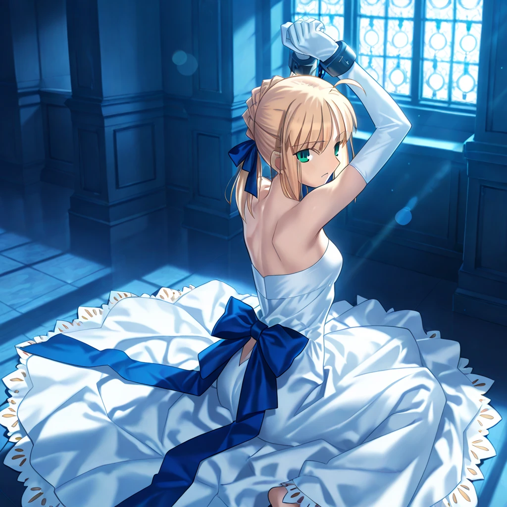 takeuchi takashi, fate \(series\), artoria pendragon \(fate\), saber, 1girl, ahoge, blonde hair, cleavage, collarbone, dress, elbow gloves, gloves, green eyes, hair between eyes, hair ribbon, looking at viewer, medium breasts, ribbon, ribbon choker, short hair, smile, solo, strapless, strapless dress, white dress, outside, garden, stream, flowers, masterpiece, best quality, highly detailed, <lora:takeuchiTakashiFate_v1:1>