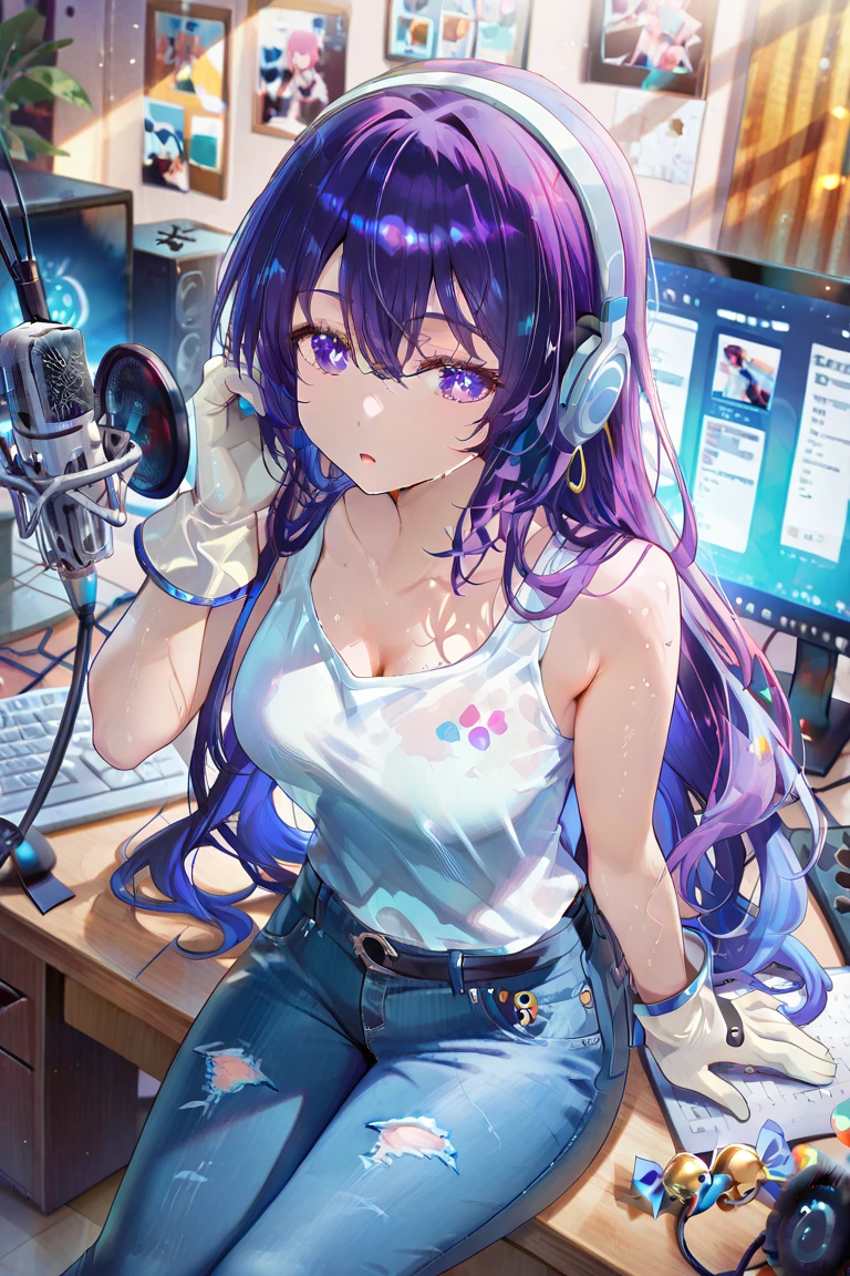 最high quality、best image quality、masterpiece、girl((20-year-old、 By becoming、vest bust、medium bust,wide open breast tea、shining eyes, neon hair、long hair、thin,highest valley、ponytail、Damaged Denim Shorts、black navel shirt、Damaged Denim Jacket、smile、full body tattoo,diamond earrings、Wristband、necklace、sit on a chair、have a guitar、guitar playing、leaning forward、elation)),high quality、beautiful art、background((Hacker Room、server room、neon lighting、computer stand、Laptop))、Flight、debris flies、Depth of written boundary、movie、visual art、perfect art、8k,genuine、