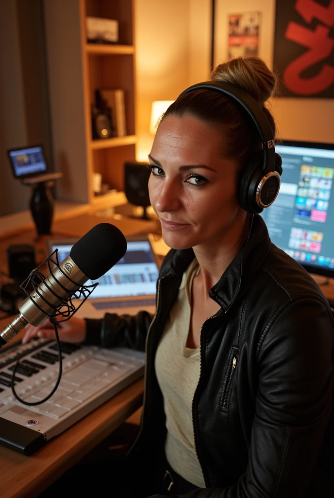 uma mulher de 40 anos, locutora, feliz, cabelos longos castanhos claros, olhos castanhos, batom vermelho, com fones de ouvido, falando ao microfone, Audio Desk at the Front, In a radio studio, Imagem no estilo Pixar, Estilo de filme animado 3D, Disney, camiseta preta com logo redondo disco de vinil escrito Saudade FM,