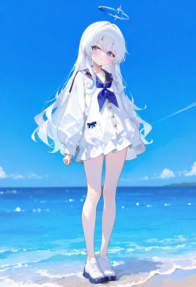 ((master piece、8k、highest quality、perfect fingers: 1.3、perfect anatomy: 1.3、background blur))、(16 years old: 1.6)、(straight long hair 、High neck swimsuit、Slender beautiful girl: 1.7)、(Landscape、standing position、wide shot、best smile:1.4)、(sea bathing、summer blue sky、vast white sand beach:1.3)、