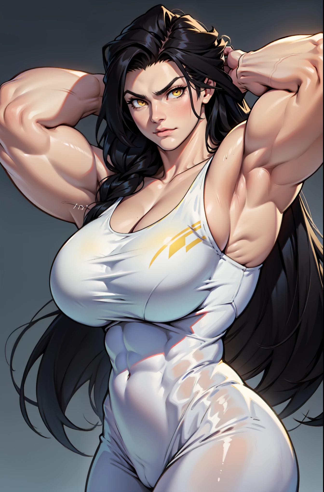 girl breasts huge muscles huge thighs solo girl black hair extremely long hair pale skin expressionless yellow eyes
