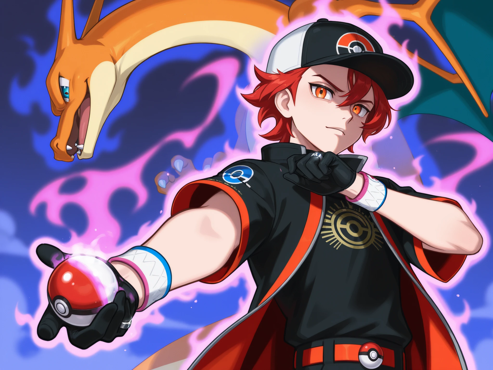 fifteen years boy, one boy, Selvsikker smil expression. hair lifted up, medium short hair, baseball cap with a pokeball symbol, red hair, beauty face, orange eyes, black jersey, loose red short-sleeved overcoat, pair of medium black gloves for mega-stone, psychic red aura around the character, dynamax band for pokemon and gloves, ring on sybol of mega-evolution, steam punk city cenario, ring of mega evolution, pokeball on your hand, charizard on your side, masterpiece, full hd.