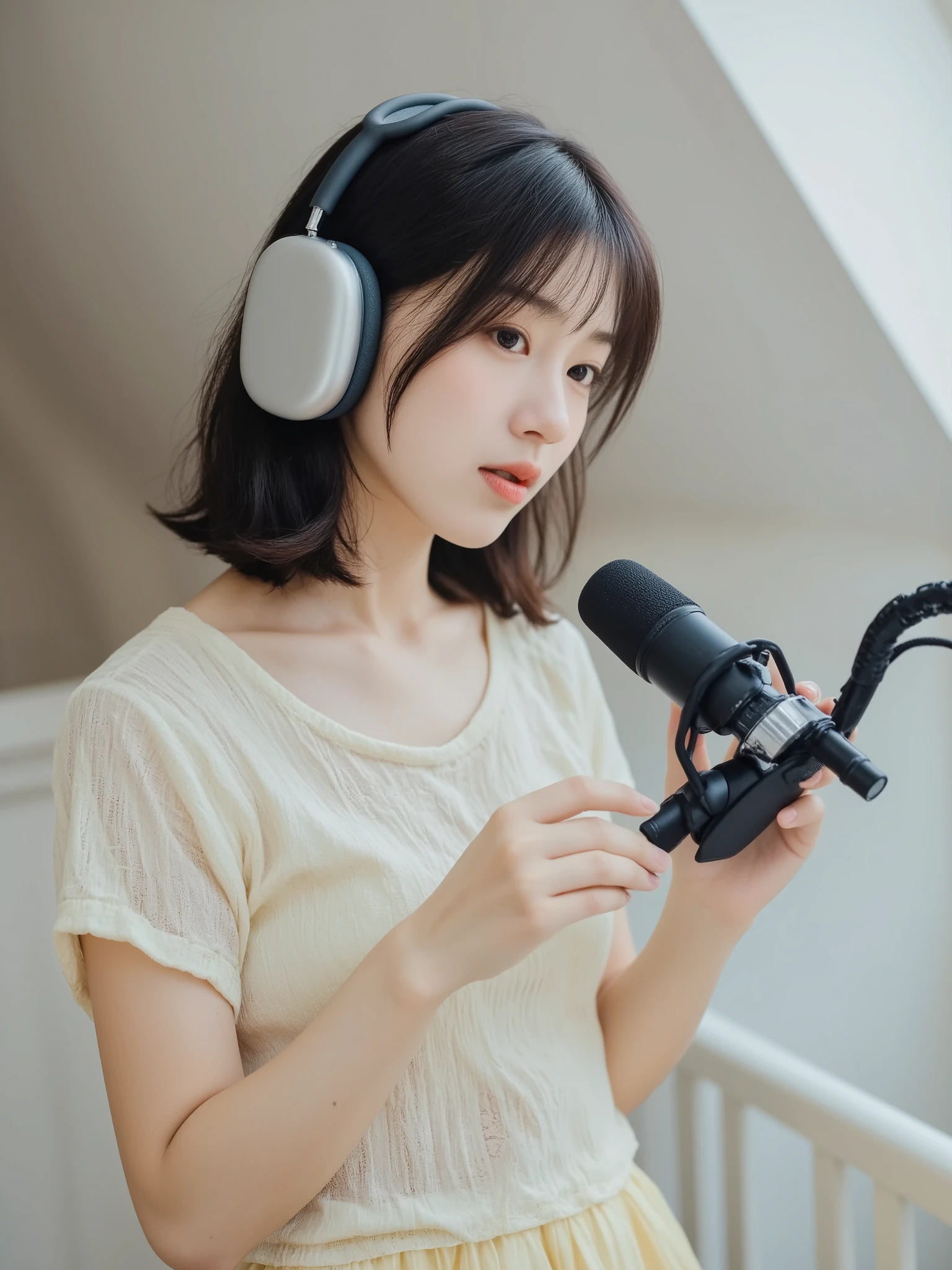 A cute Japanese woman.
She's wearing a casual, light spring outfit.
She's wearing a headphone and talking into a microphone on a podcast.