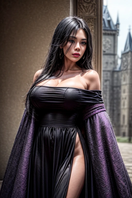 nude, oriental gothic woman, long black hair, white pale skin, curvy body, big tits, big hips, nipple pierced, clitoris pierced,