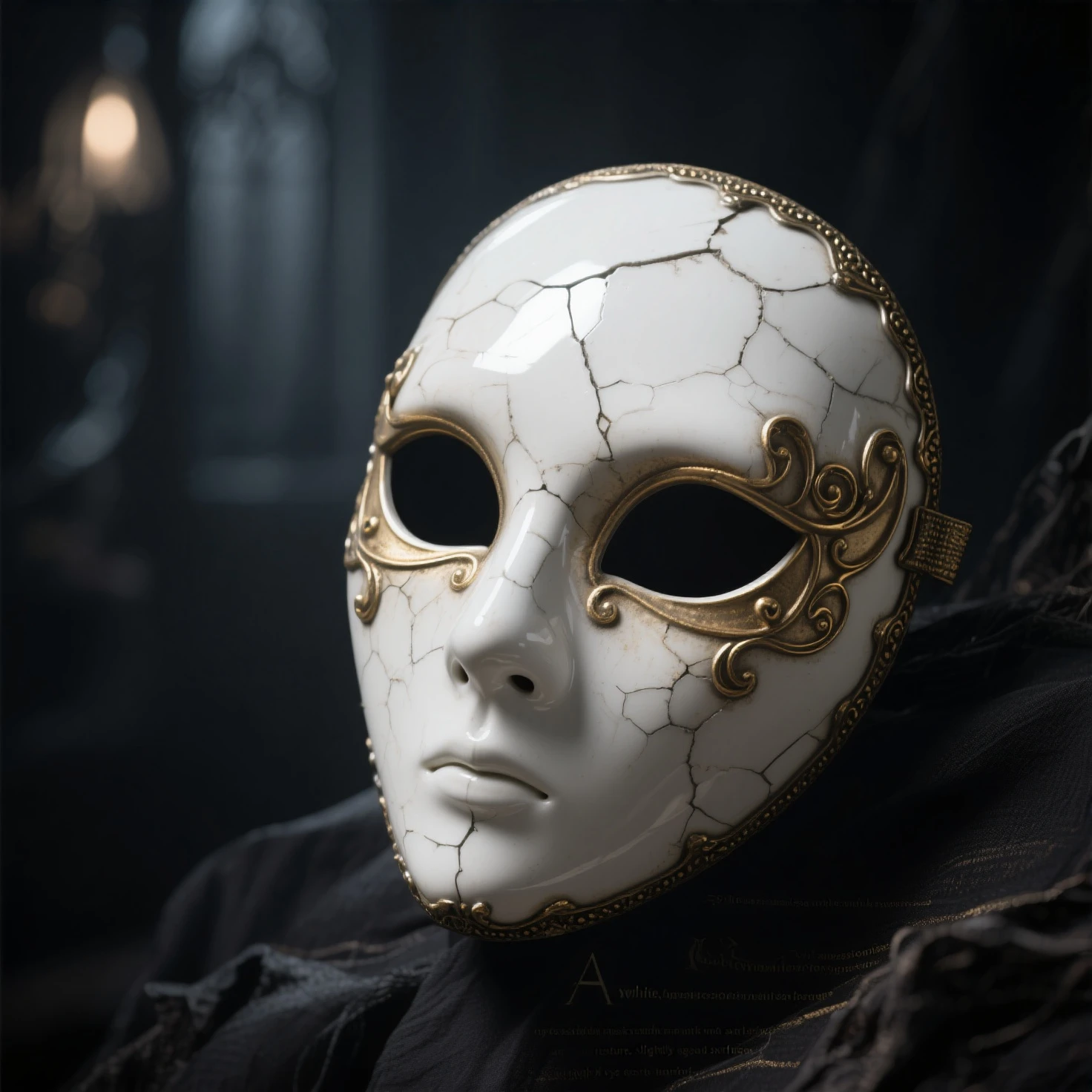 “A white, expressionless storyteller mask with subtle cracks and ...