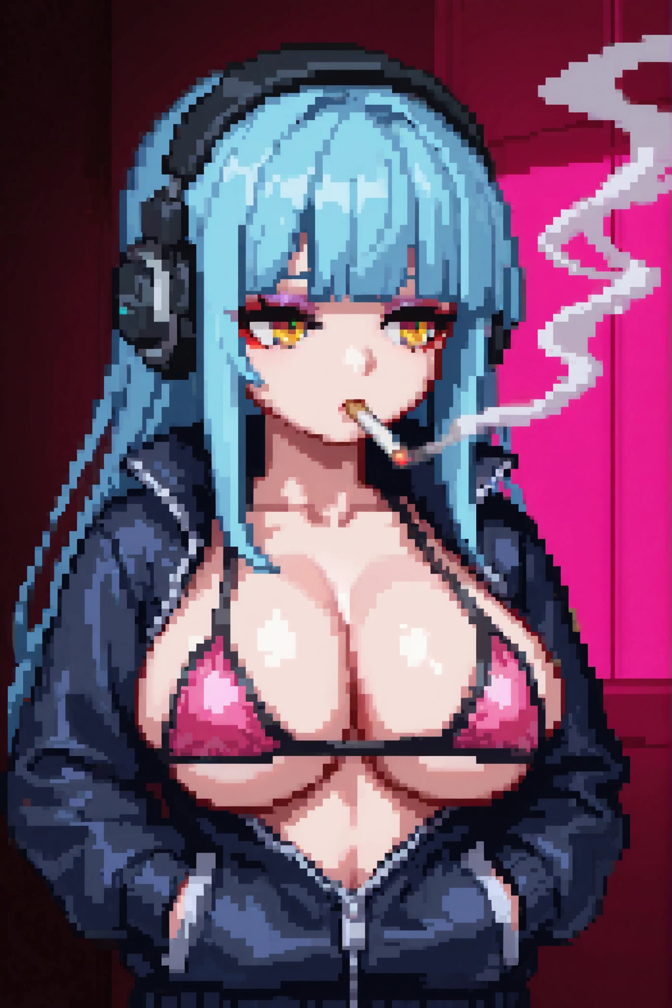 masterpiece, best quality, amazing quality, hyper-detailed, very aesthetic, absurdres, highres, Kuudere, headphones, neon blue hair, long hair, blunt bangs, eyeshadow, gold eyes, large  breasts, collarbone, neon pink nails, neon micro bra, cyberpunk, jacket, hands in jacket pockets, cyberpunkな背景, cowboy shot, smoking, sexy pose, upper body, shiny skin