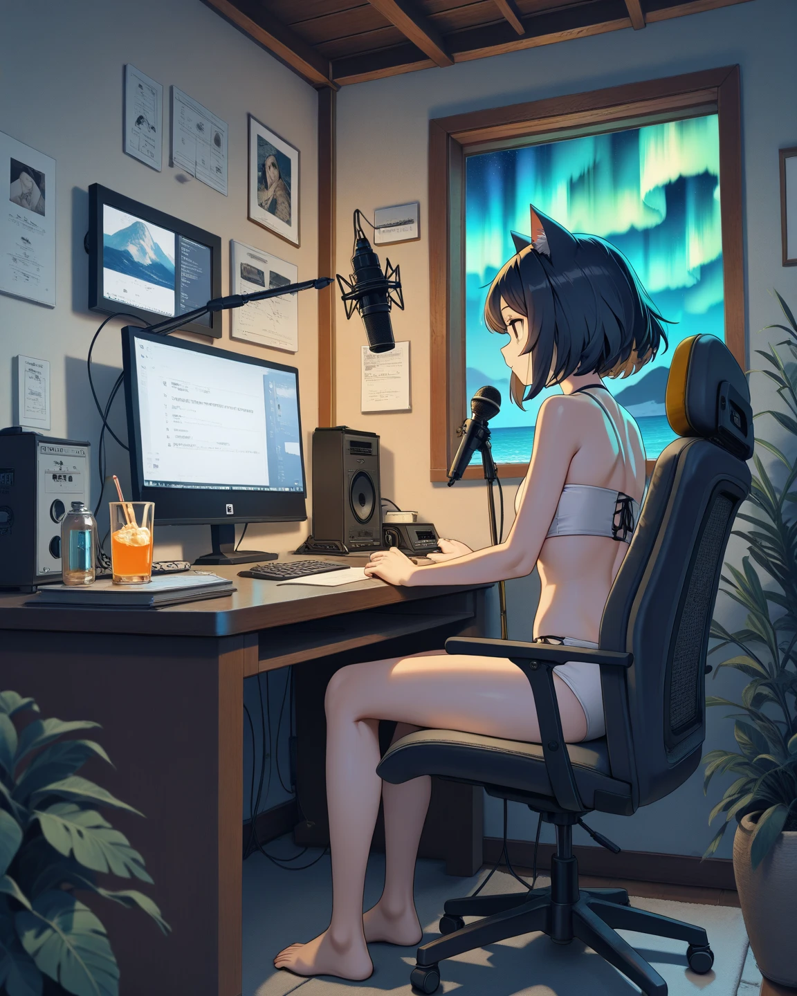 anime girl wearing white headphones, wearing a competitive swimsuit, athlete swimsuit, black hair, 29 years old, gaming PC, gaming chair, Exposed cleavage, big breasts H-cup, accentuate the cleavage, accentuate big, revealing skin, lofi girl anime vibes, lofi artstyle, anime style 4k, anime aesthetic, nightcore, lofi feel, lofi art, anime art wallpaper 4k, anime wallpaper 4k, lofi vibes, plants in the room, city view, sunrise, white headphone, she is programming using PC keyboard, She is looking at a monitor, sitting on a gaming chair, Heavenly music that fills the air, one thick candle is lighting, Night city lights illuminate the room, anime style, cinematic lighting, Sony FE GM, first-person view, masterpiece, best quality, 4K