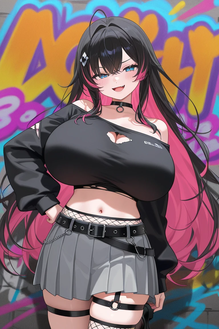big lips, Brown hair, pink eyes, japanese face, improve, improve grin, two sides up, huge breasts, Wide hips, sexy, detailed, pink room, Hits, (evil smile1.4), kawaii, pleated skirt, punk, GOOD, Pink and black suit, plaid skirt, punk shirt, choker, punk skirt, punk shirt,navel piercing