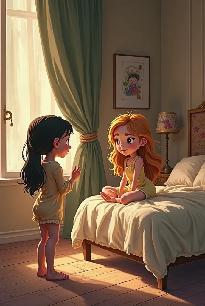 A mother stands in the doorway, looking at her daughter with a mix of concern and sympathy. The young girl is curled up on her bed, tightly clutching the edge of her blanket, with tear stains visible on her cheeks. The mother's expression shows worry and tenderness.