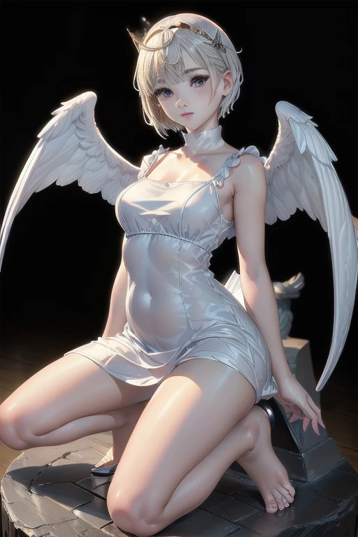 One person Russia They are wearing white cloth, They are hiding their bodies with white cloth. Red eyes White skin Small breasts Angel Halo Angel wings on the back Spread your legs Young Face Firm Skin beauty High resolution High precision (Silver Hair) Detailed skin Age 25 Red eyes Detailed face whole body (smile) ((Bobcut)) I wear clothes Flying in the sky White dress