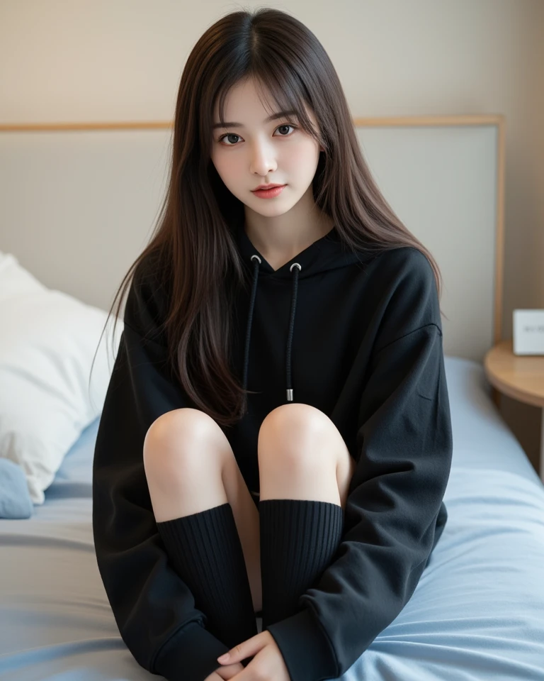 (best quality, masterpiece), 1girl, hoodie, long hair, street, crouching, looking at viewer, beanie, skirt, makeup, piercing, pantyhose,