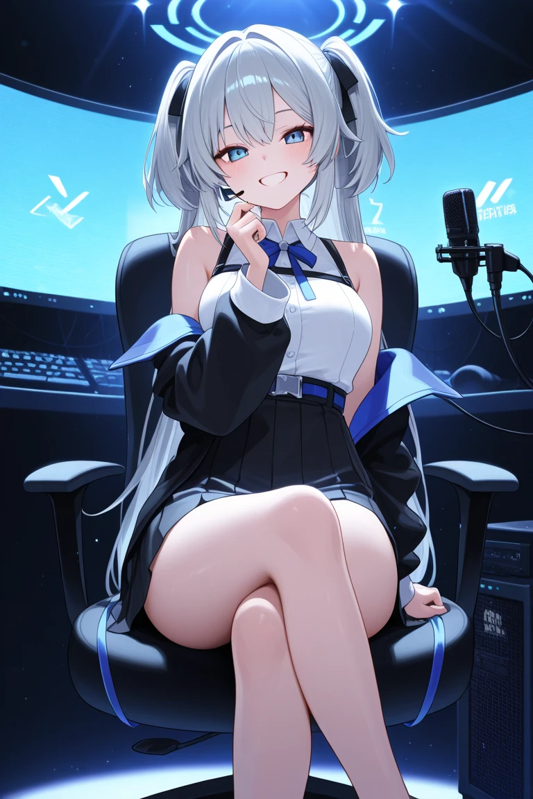1 beautiful girl excellent quality perfect anatomy vtuber white hair light blue eyes long stockings in the room rgb led pc gaming full body Mini skirt small breasts