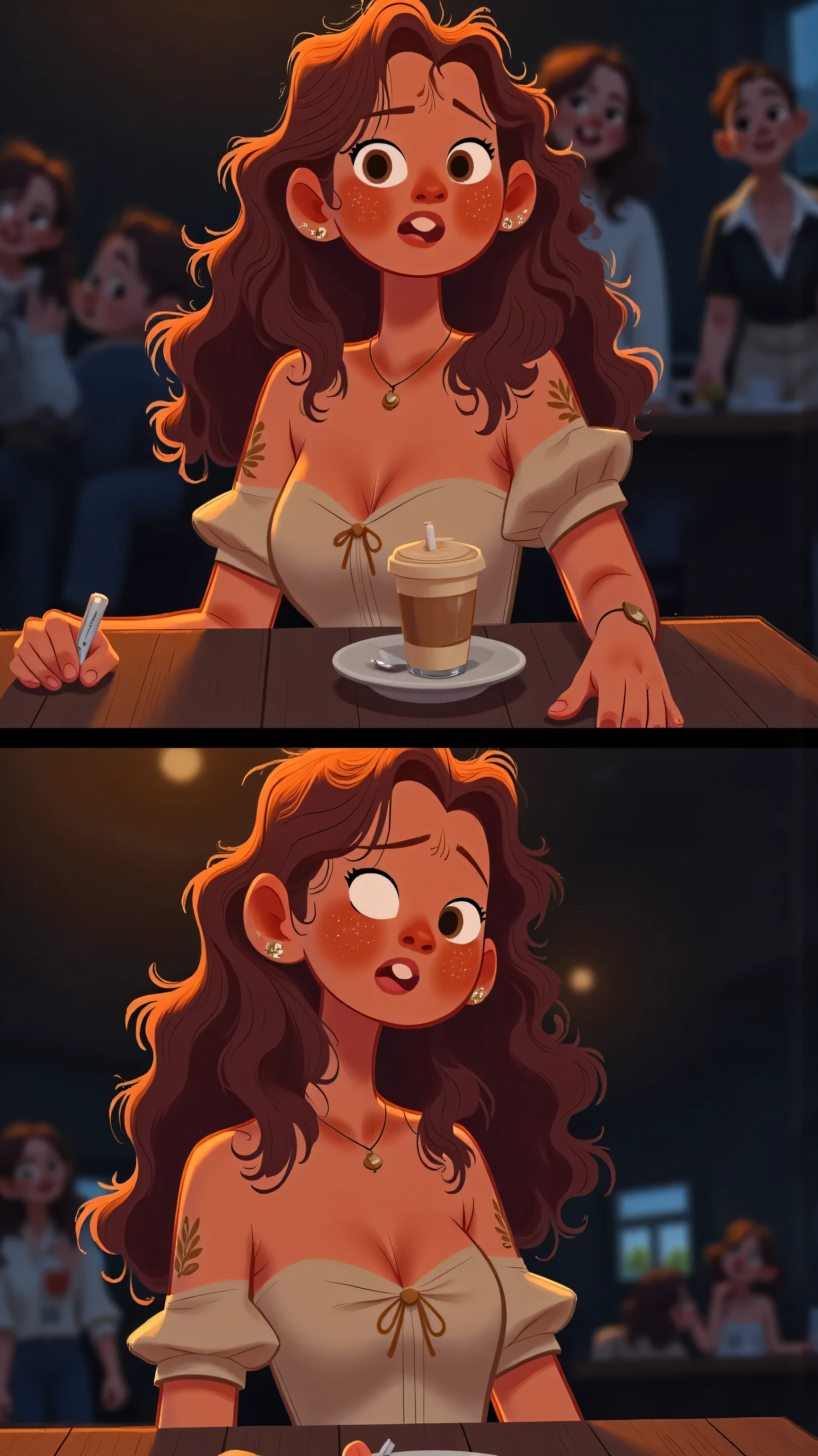 cafe scene montage; medium lens,Female protagonist(long brown hair)stiff face and sit still。she can only barely nod、with a stiff smile or silent staring。In front of you is a large square table。color scheme is dark and mixed with highlights,delicate lines,illustration storyboard style。— focus on comparison,Emotional tension,fast-paced clip。