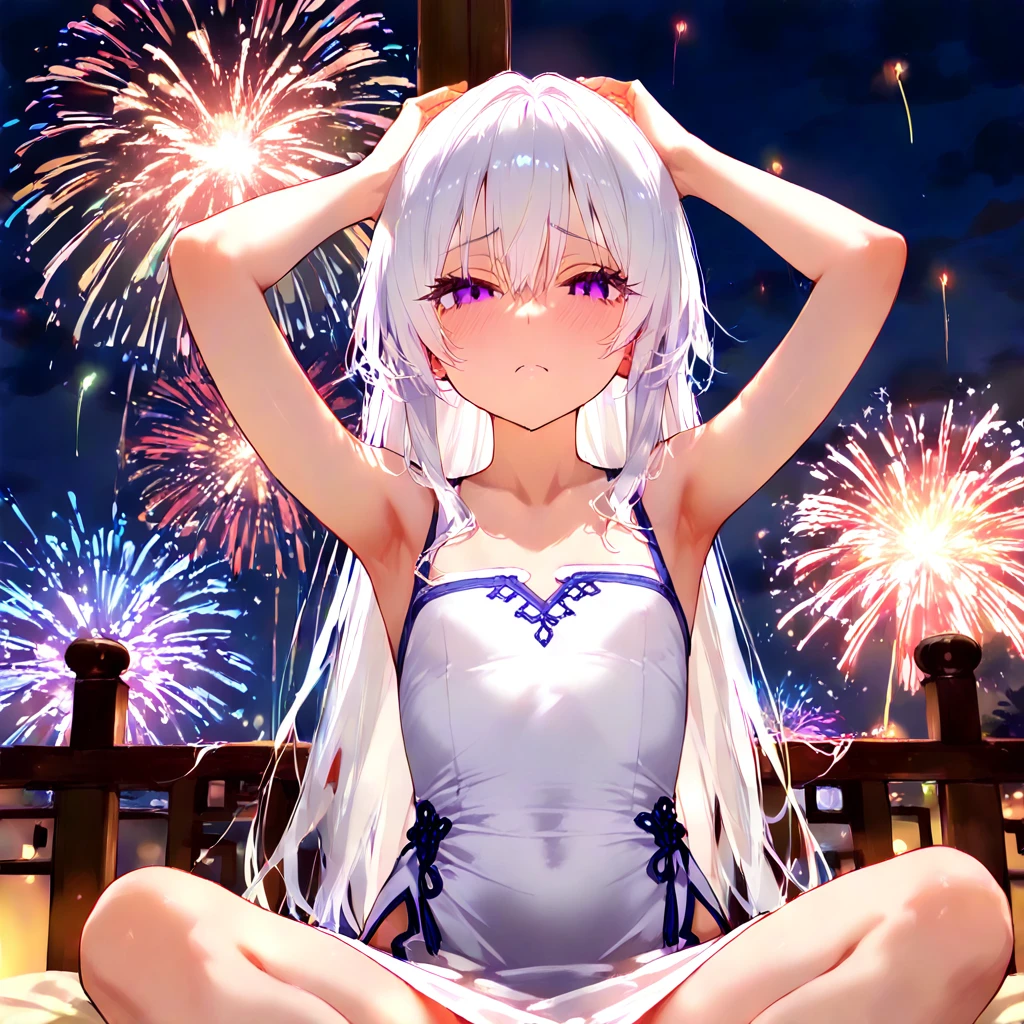 swim wears、the beach、Fireworks Festival、Enjoy the summer atmosphere、Bright colors、innocent smiles、Cool breeze、night sky full of stars、white hair、The long-haired、large full breasts、Red eyes、Bandage on the head、Braids