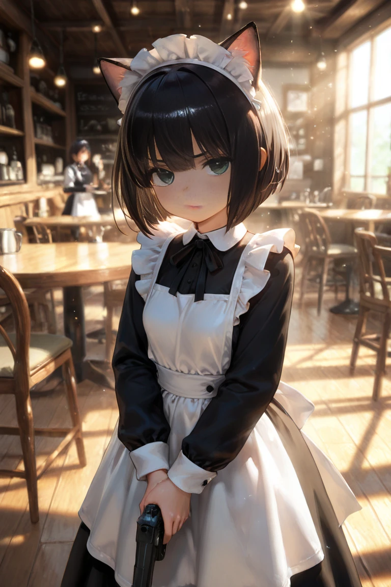 Masterpiece, top quality, super detailed, 16k, Kawaii, pastel colours, soft light, watercolour, small super cute girl, bob cut braided ribbon, maid, simple maid outfit with long skirt type, cute illustration, classical type cafe, smiling , acting mocking gesture to viewer
