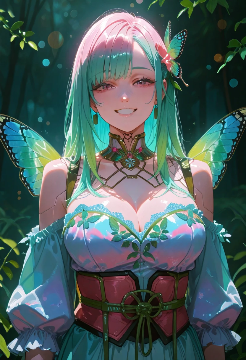 (masterpiece, best quality)),(detail face,perfect face),upper_body,bust,lol style,game cg,Dynamic angle,1girl,very_long_hair,green_hair,solo,fairy,glowing_butterfly,dancing,butterfly_hair_ornament,butterfly_wings,fairy_wings,animal,elbow_gloves,bird,in spring,(botanical garden:1.2),magic circles,moody lighting,(colourful glass),(complex background:1.1),bright,,glowing,illuminatio,particle effects,Balance and coordination between all things,