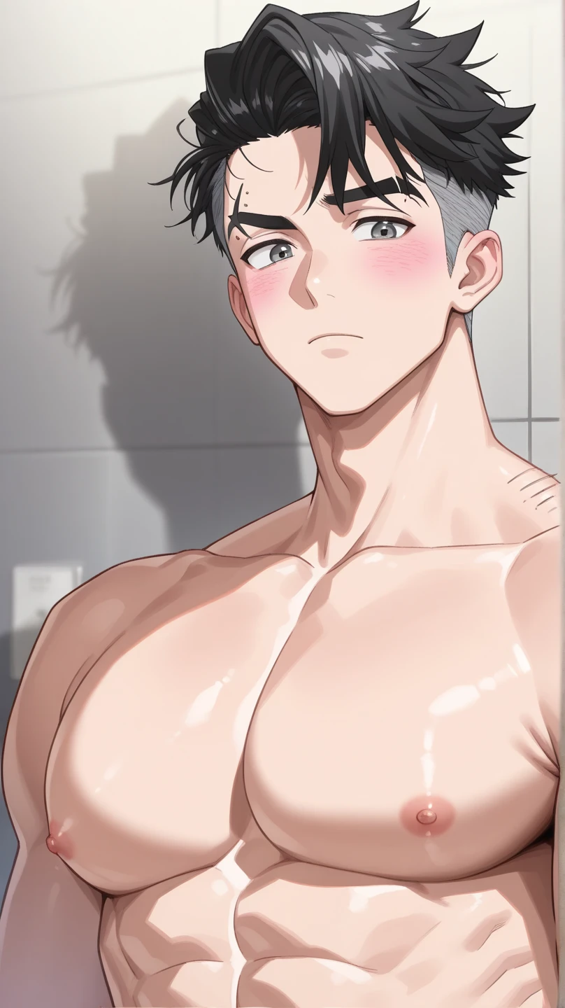 Japanese men、A strong body trained at the gym、Anatomically correct body、Sit with your legs wide open、Smiling with mouth open、Relaxed atmosphere、The whole body is visible、Showing off some very revealing red boxer briefs in a tight, flashy design and made of cool sheer fabric、in narrow bathroom、Very short, cropped black hair、A young handsome man who looks quite young、Hands on the back of the waist