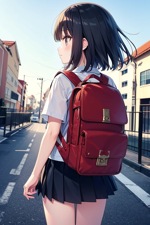 girl with a school bag turns around and looks at me in the cherry blossom trees, her skirt rides up, embarrassed expression, cotton underwear