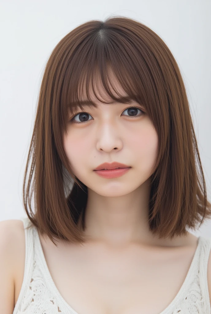 (Highly realistic photos, High resolution, detailed face, fine eyes), ((Taken in front of a white wall))、japanese woman, 40 years old, various expressions, alone:1, slim figure, different hairstyles, casual clothes, Only one person appears in the photo、long sleeve dress、Photographed in natural light、simple necklace、spring clothes、don't look at the camera、profile、pink brown hair color、bob hair