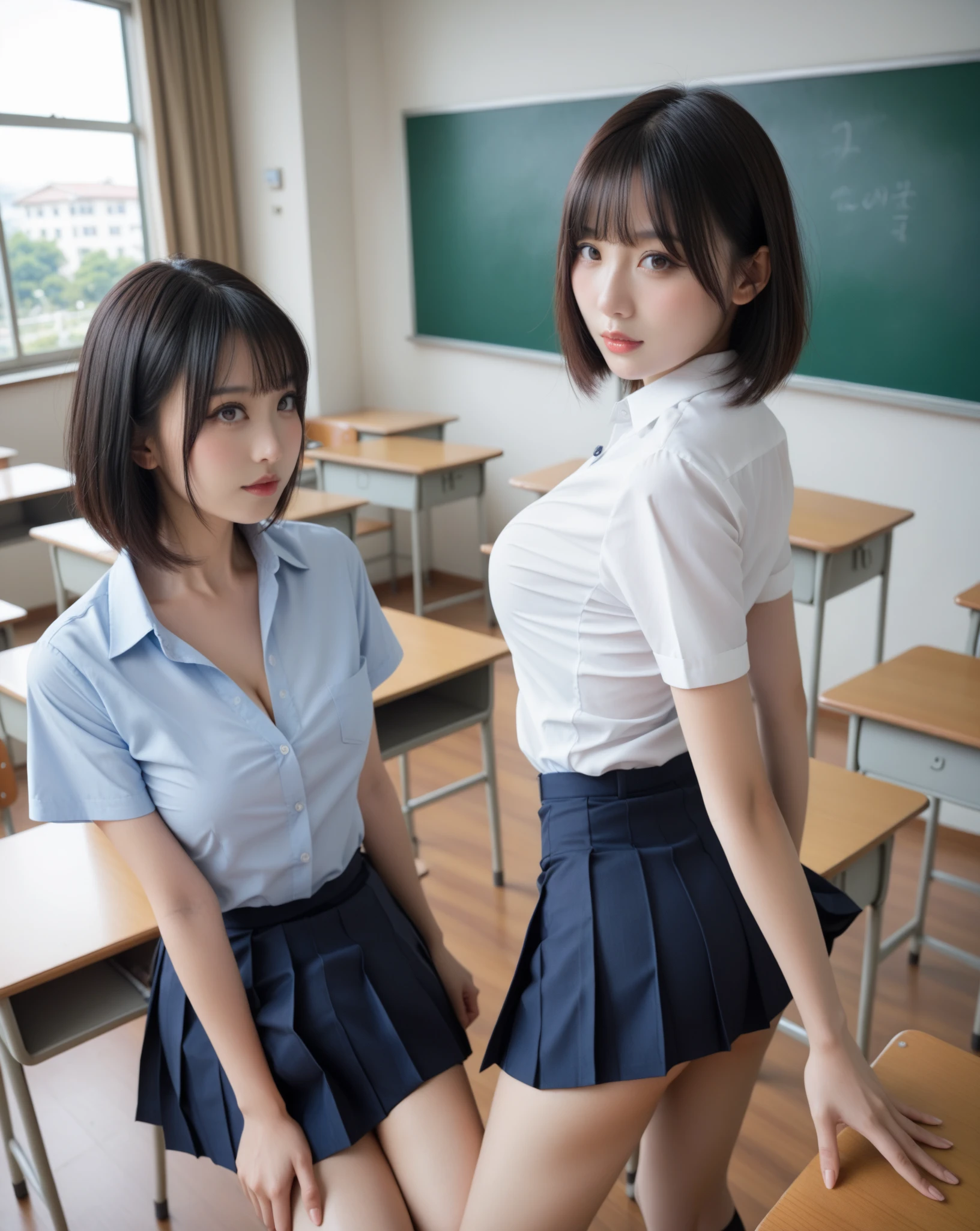 table top, highest quality, 8k, 15 歳の裸のgirl, small breasts、((Big eyes))、(((smile))),学校のclassroom,(((view audience))),RAW photo, (((nude))), award winning portrait,(((Nipples exposed through exposed uniform))), smile, daytime, idol face, girl2people々hugs each other,繊細なgirl, Upper body, Digital single-lens reflex camera, looking at the viewer, Frank, Sophisticated, thin arms, soft ray、professional lighting, chromatic aberration, (Eye and face details:1.0), ((realistic))、girl2名, ((girls school uniform)), look at the audience, young face、非常に可愛いsmile, (( open your legs、please open your legs)),show your chest、classroom、(((when you take off your uniform, My chest is exposed)))、short hair,twin tails,perfect anatomy,accurate limbs,precise fingers