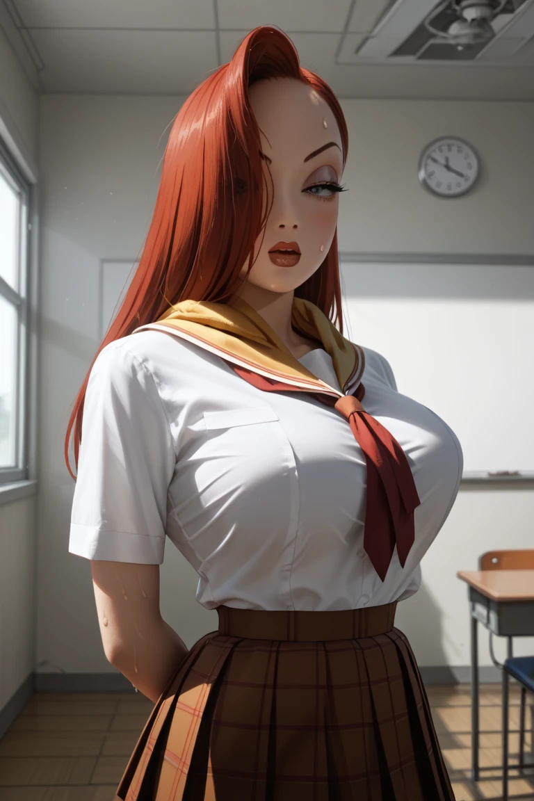 Super-detailed, 8k HD, 3d art style, Assumi, 1 girl, solo, mature, beautiful and detailed face, detailed hand, red hair, green eye, slender hips, thick thighs, huge and droopy breast, huge round ass, teacher outfit and mini skirt, fishnet thigh high stocking, serious face, sit on the table in a classroom, leg cross