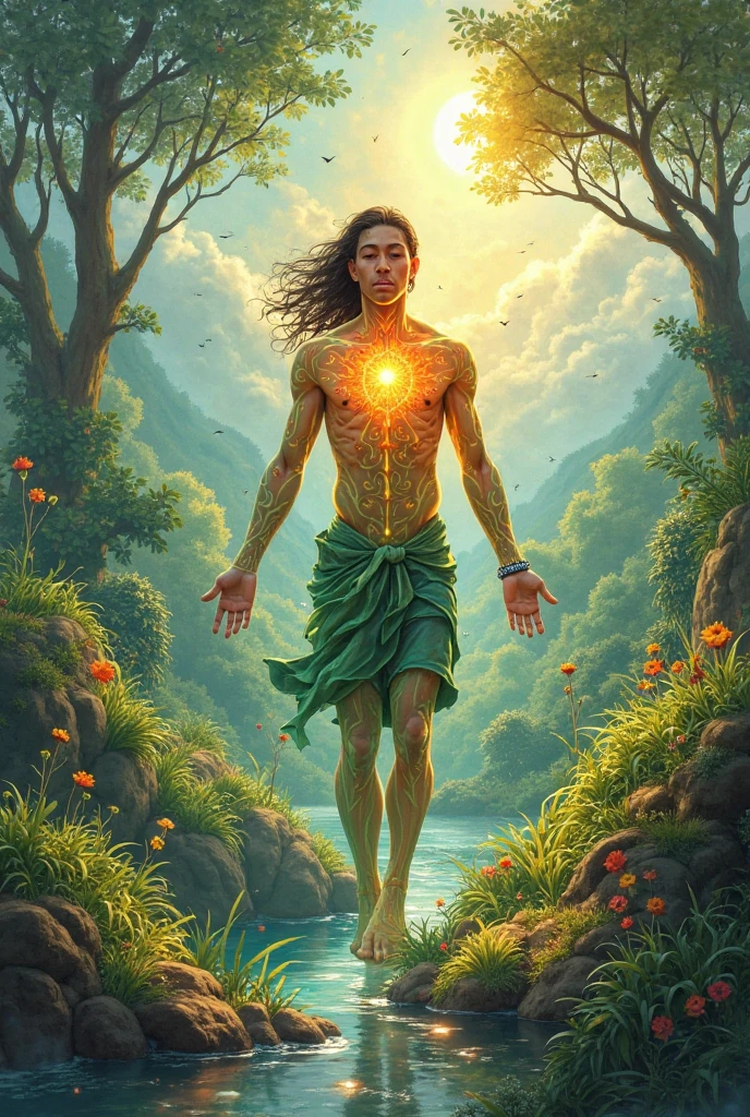 A strong, manly, naked man in an explosion of rainbow-colored translucent lilies, ((strong and muscular body, realistic)),Rendered by Octane,Unreal Engine,Rococo Paper Cut,Green and White Watercolor