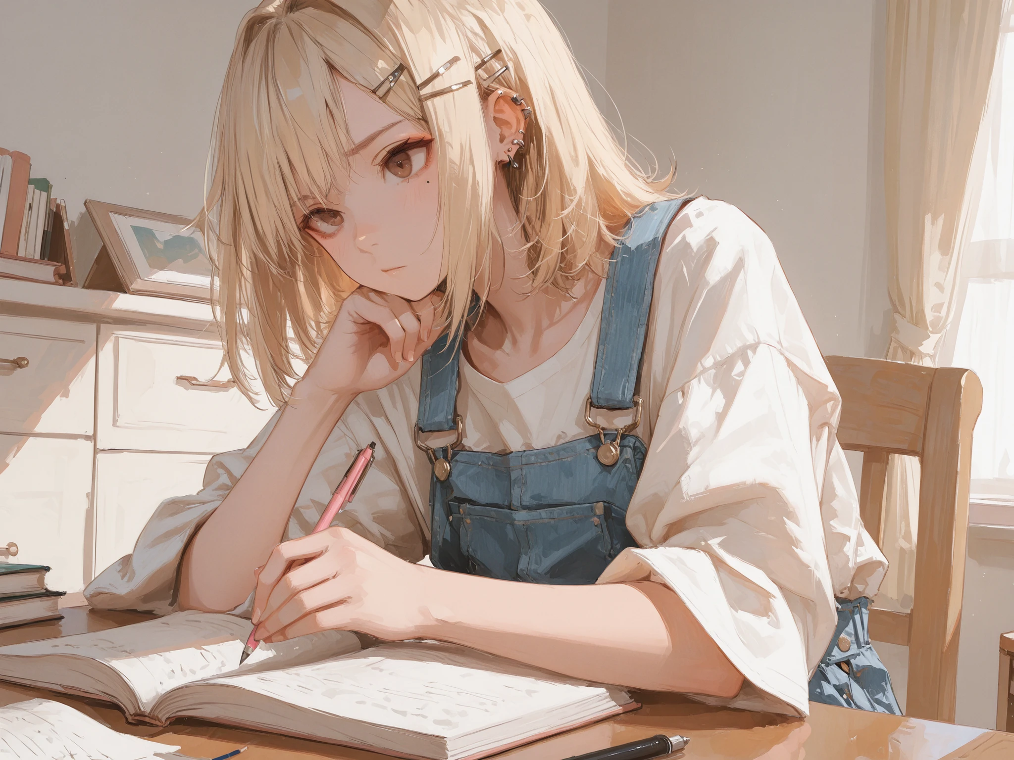 makes an aesthetic, Master piece, Best Quality, ultra detailed, close up, a cute girl, solo, medium Hair, beautiful blonde hair, fluffy hair, hairclip, beautiful brown eyes,thinking, white shortsleeve shirt, denim overall skirt, piercing, sitting, studying, girly room,