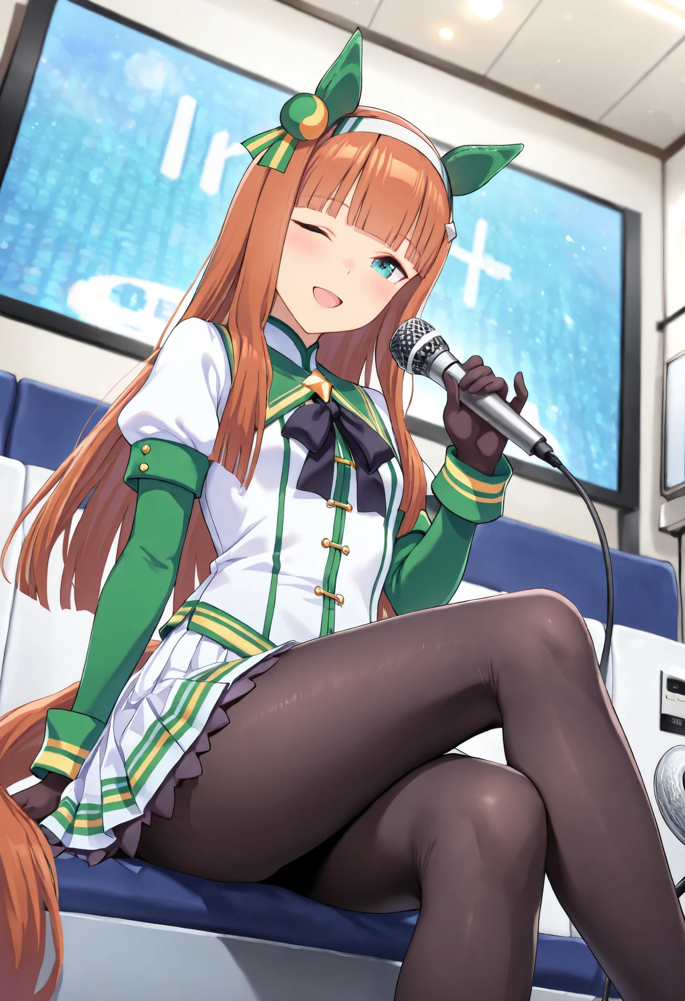 (masterpiece, best quality, perfect face:1.4), wide angle, silence suzuka \(umamusume\), horse ears, ear cover, white headband, small breasts, horse tail, tail on the lower back, proportional body, proportional,1 girl, beautiful hair, beautiful face, beautiful detailed eyes, beautiful clavicle, beautiful body, beautiful chest, beautiful thigh, beautiful legs, beautiful fingers, looking at viewer, BREAK, black pantyhose, black gloves, white pleate skirt, mismatched shoes, long sleeves, white jacket, black bowtie, green sailor collar,, BREAK, sitting, ((podcast)), (stand mic, Internet streaming ), microphone, broadcasting Room, talking, BREAK, blush happy smile (open mouth), one eyed closed, textured skin, realistic skin, HDR, BREAK, good hands,