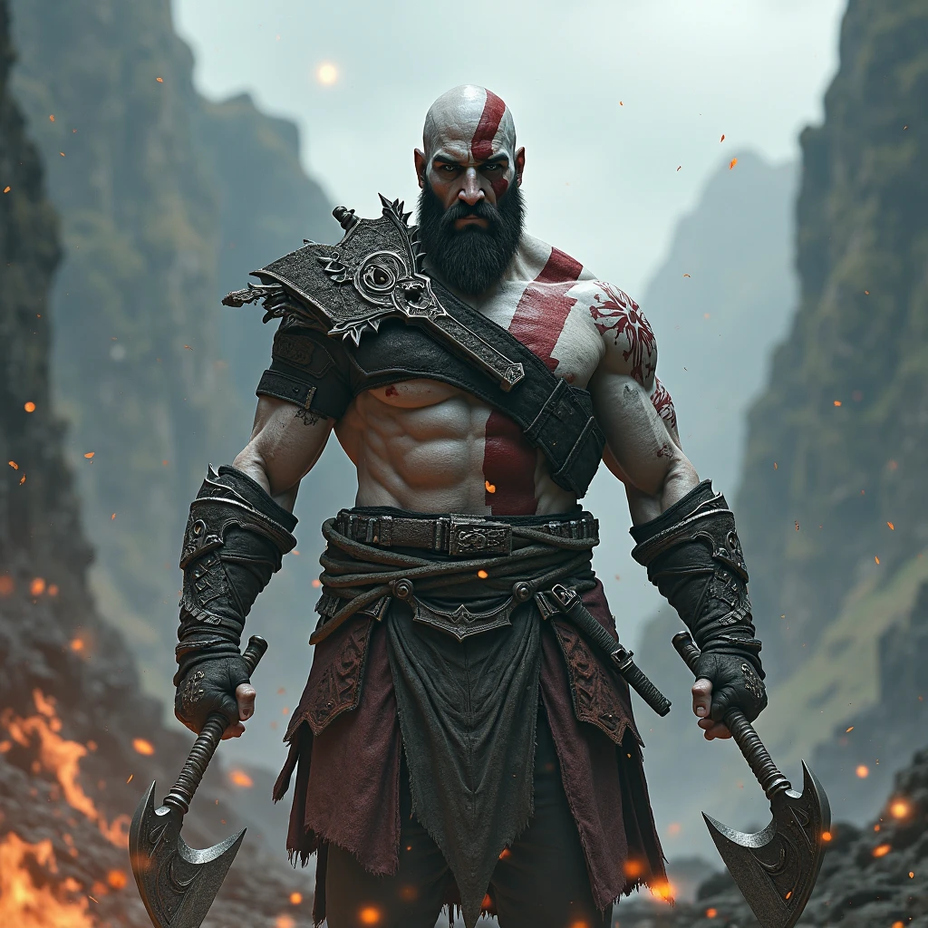 "kratos, main character of God of War, with their original swords, Blades of Chaos, generated with Unreal Engine 5.1, Rendered by Nvidia RTX GeForce 4090 and Processed by Intel Core i9-13900K. The armor is dark and worn, with leather and metal details. The swords are identical to the originals, with its distinctive design and serrated edge. La cara de kratos es igual a la oficial, with a serious and determined expression. The eyes are blue and penetrating. he is bald, with a completely shaved head. The lighting is dramatic, with deep shadows and intense lights. The background is blurry, with a landscape of mountains and cloudy sky. The image is hyperrealistic, with extremely precise details and realistic textures. The look is cinematic, with a focus on action and character intensity."